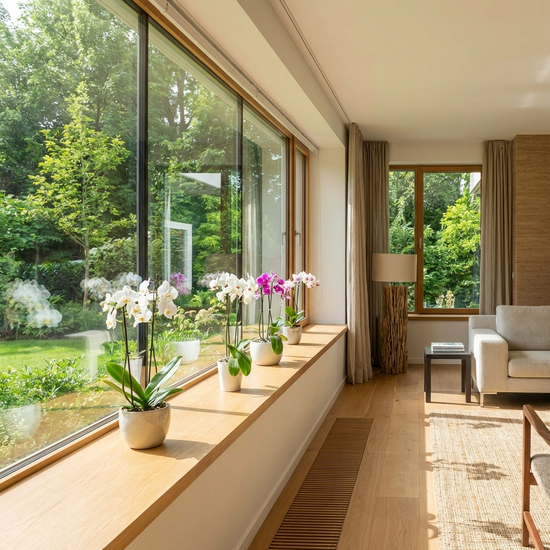 Eine saubere, glänzende Fensterfront in einem modernen Wohnzimmer mit Blick auf einen grünen Garten. Auf dem Fensterbrett stehen blühende Orchideen im Sonnenlicht.