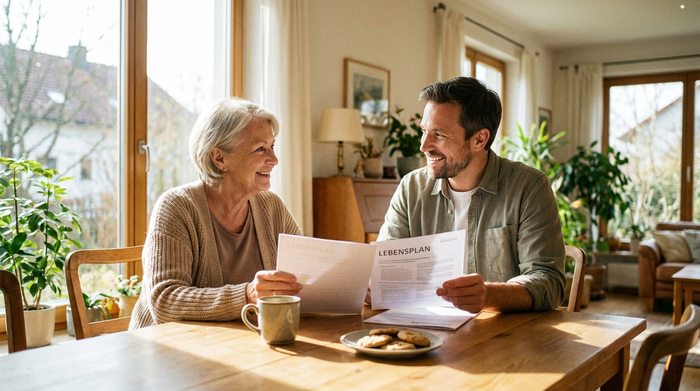 Eine ältere Frau und ein freundlicher Berater sitzen gemeinsam an einem hellen Esstisch, schauen auf ein Dokument und lächeln sich zu. Eine Tasse Kaffee steht auf dem Tisch.