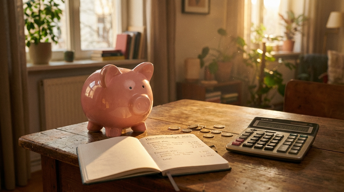 Ein rosa Sparschwein auf einem Holztisch, daneben ein Notizbuch und ein Taschenrechner. Die Szene ist in warmes Licht getaucht und symbolisiert kluge finanzielle Planung im Haushalt.