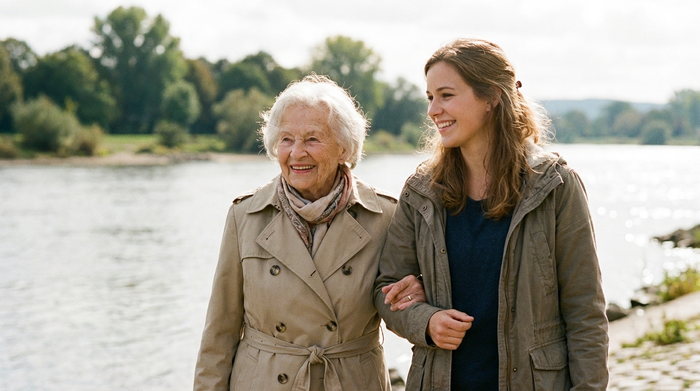 Ein gemeinsamer Spaziergang einer älteren Dame und ihrer jungen Betreuerin entlang der Elbe bei sonnigem Wetter, im Hintergrund unscharf die Natur und Bäume, harmonische Stimmung.