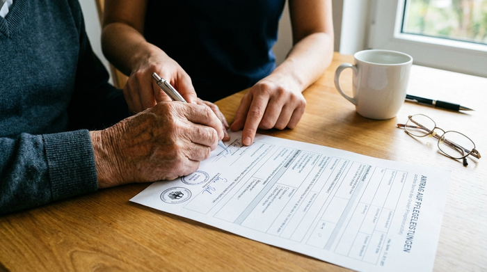 Eine Nahaufnahme von Händen einer älteren Person und einer jüngeren Beraterin, die gemeinsam ein offizielles Dokument auf einem Tisch ausfüllen, daneben steht eine weiße Kaffeetasse.