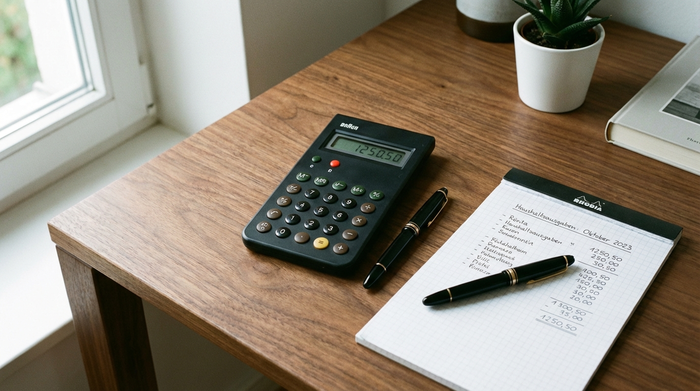 Ein Taschenrechner, ein edler Stift und ein Notizblock liegen auf einem aufgeräumten Holzschreibtisch, weiches Licht, fokussiert auf die Berechnung von Haushaltsausgaben.