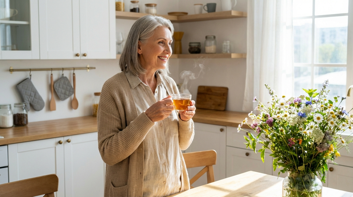 Eine gepflegte, vitale Seniorin steht lächelnd in ihrer sauberen, hellen Küche und hält eine frische Tasse Tee in den Händen, im Hintergrund frische Blumen.
