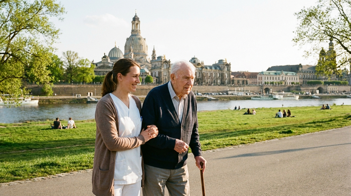Eine fürsorgliche Pflegekraft hilft einem älteren Herrn beim Spaziergang an der Elbe in Dresden. Sonniges Wetter, entspannte Stimmung, grüne Bäume und die Silhouette der Stadt im Hintergrund.