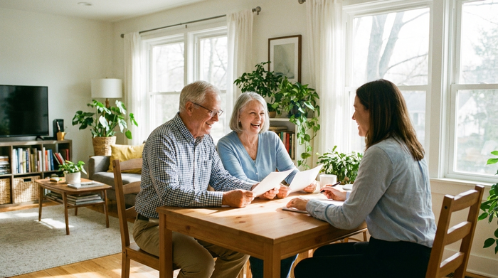 Ein älteres Ehepaar sitzt am Schreibtisch und bespricht entspannt Papiere mit einer freundlichen Beraterin. Helles Wohnzimmer, positive und erleichterte Gesichtsausdrücke.