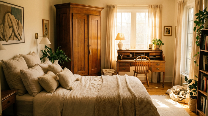 Ein gemütliches, hell eingerichtetes Gästezimmer mit einem komfortablen Bett, einem Schrank und einem kleinen Schreibtisch am Fenster. Warmes Sonnenlicht fällt herein, einladende Atmosphäre.
