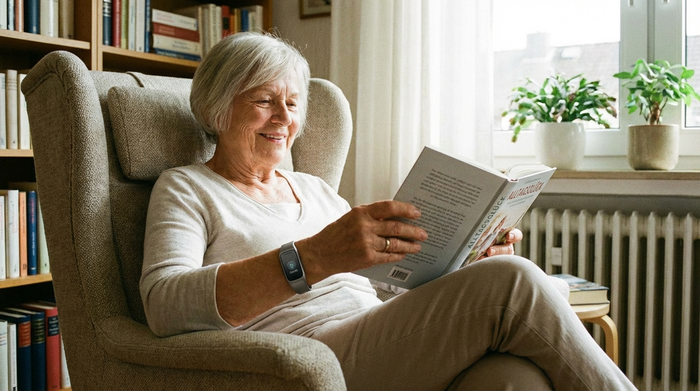 Ein moderner, unauffälliger Hausnotruf-Knopf am Handgelenk einer älteren Person, die entspannt in einem Sessel ein Buch liest. Fokus auf Sicherheit und Komfort im Alltag.