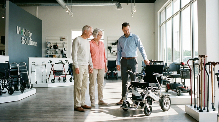 Ein freundlicher Berater im Sanitätshaus zeigt einem älteren Ehepaar verschiedene Rollstuhlmodelle in einer hellen, modernen Ausstellung. Im Hintergrund sind dezent weitere Mobilitätshilfen zu erkennen.