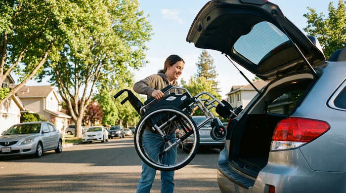 Ein leichter, moderner Aluminium-Rollstuhl steht zusammengeklappt im Kofferraum eines Autos. Eine jüngere Frau packt ihn mühelos ein, umgeben von einer sonnigen Vorstadt-Kulisse.