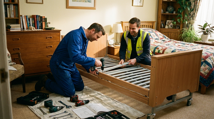 Zwei handwerklich gekleidete Techniker montieren professionell ein Pflegebett in einem gemütlichen Schlafzimmer. Werkzeug liegt geordnet bereit, die Atmosphäre ist konzentriert und hilfsbereit.