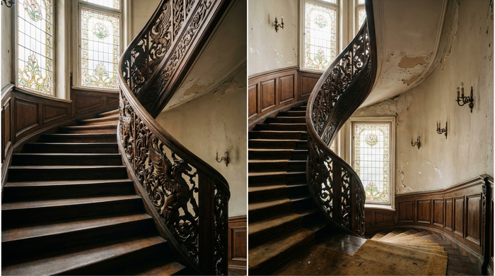 Ein historisches Treppenhaus in einem Dresdner Gründerzeithaus mit hölzernen Stufen und verzierten Geländern. Die Architektur wirkt elegant, aber deutlich beengt.