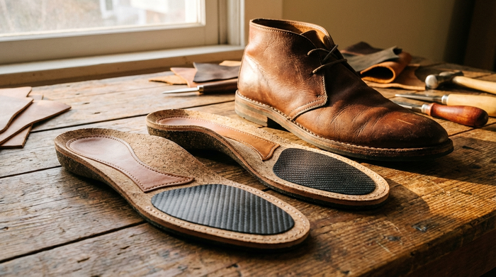 Eine detaillierte Nahaufnahme von hochwertigen, maßgefertigten orthopädischen Einlagen, die neben einem bequemen Lederschuh auf einem sauberen Holztisch liegen. Weiches, warmes Licht betont die ergonomische Form und die verschiedenen Materialschichten der Einlage.
