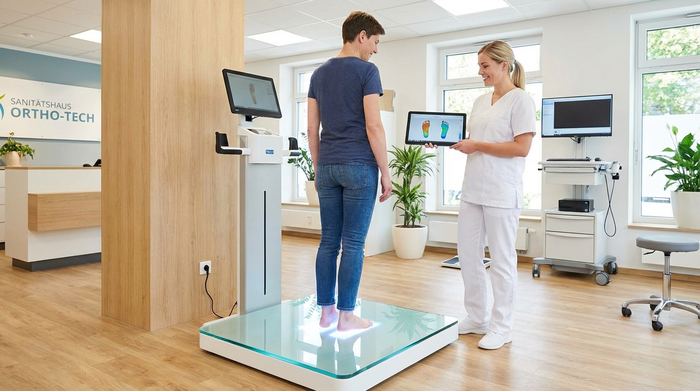 Ein moderner Behandlungsraum in einem Sanitätshaus. Ein Patient steht barfuß auf einer beleuchteten, digitalen 3D-Scanner-Plattform aus Glas, während ein freundlicher Orthopädietechniker in weißer Berufskleidung die Fußdaten auf einem Tablet betrachtet. Hochwertige medizinische Ausstattung, hell und freundlich.