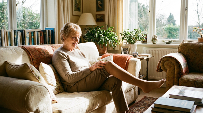 Eine vitale ältere Frau sitzt entspannt auf einem gemütlichen Sofa in einem hellen Wohnzimmer und betrachtet zufrieden ihre Beine. Sie trägt unauffällige, hautfarbene Kompressionsstrümpfe, die wie normale Feinstrumpfhosen aussehen. Warme Atmosphäre, realistische Szene.
