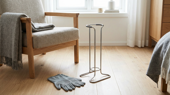 Eine praktische metallene Anziehhilfe für Kompressionsstrümpfe steht griffbereit auf einem sauberen Holzboden neben einem gemütlichen Sessel. Ein Paar spezielle Gummihandschuhe mit Noppen liegt ordentlich daneben. Klar strukturiertes Bild, sanftes Tageslicht, aufgeräumte Umgebung.