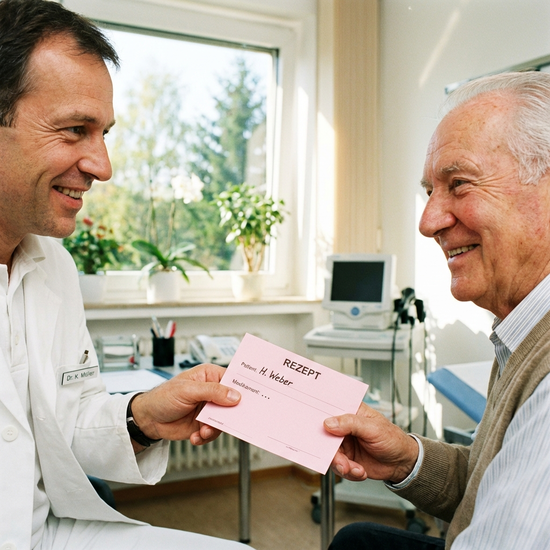 Nahaufnahme eines freundlichen Arztes in einer hellen Praxis, der einem lächelnden älteren Patienten ein rosa Rezeptformular überreicht.