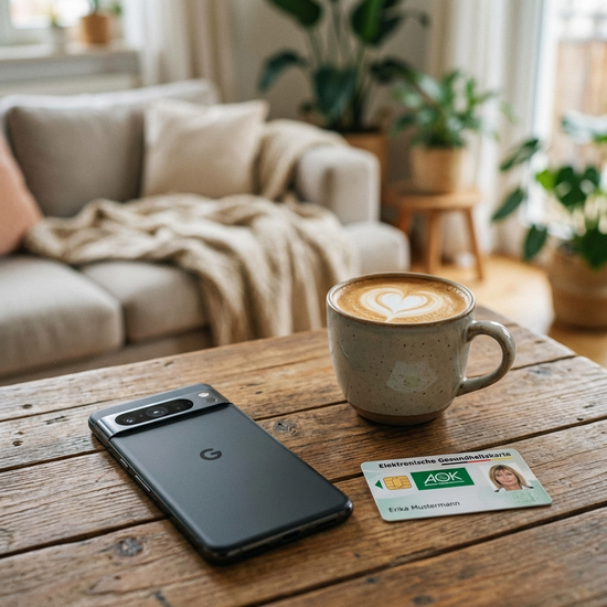 Ein modernes Smartphone liegt auf einem Holztisch neben einer Kaffeetasse und einer elektronischen Gesundheitskarte, weich gezeichneter Hintergrund in einem Wohnzimmer.
