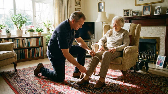 Ein Orthopädietechniker kniet auf dem Boden eines gemütlichen Wohnzimmers und misst mit einem Maßband sorgfältig das Bein einer älteren Dame aus.