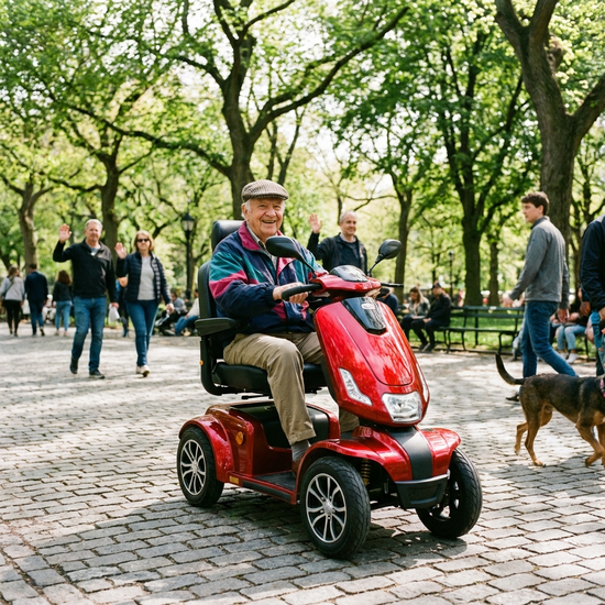 Ein rüstiger Rentner fährt an einem sonnigen Tag mit einem modernen, roten Elektromobil über einen gepflasterten Weg in einem Park, umgeben von grünen Bäumen.