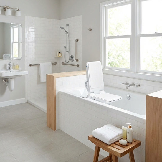 Ein sauberes, barrierefreies Badezimmer mit einem modernen, weißen Badewannenlift in der Wanne, helle Fliesen und ein frisches Handtuch liegen bereit.