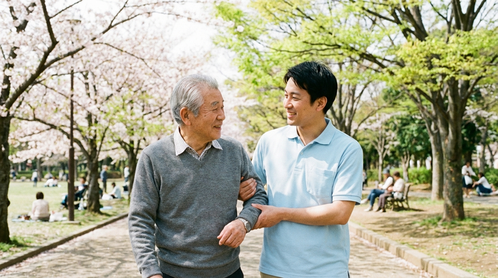 Ein älterer Herr mit grauem Haar wird von einem freundlichen Pfleger beim Spaziergang im Park liebevoll unterstützt. Frühlingshaftes Wetter, grüne Bäume, entspannte und vertrauensvolle Atmosphäre.