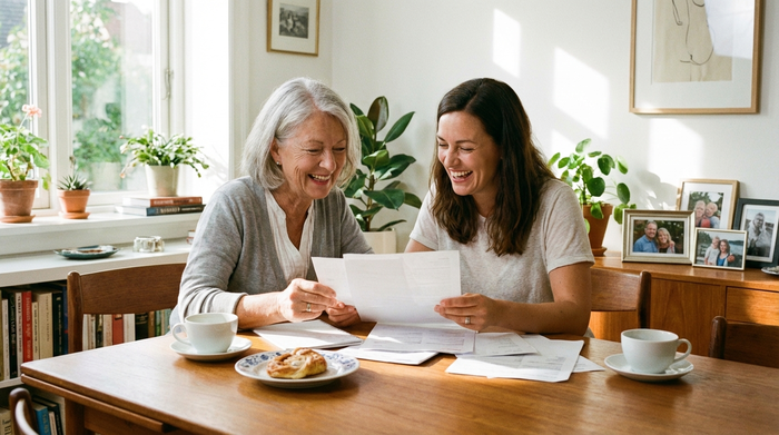 Eine ältere Frau sitzt am Esstisch und bespricht lächelnd Dokumente mit ihrer erwachsenen Tochter. Helles Zimmer, Kaffeetassen auf dem Tisch, familiäre und harmonische Stimmung.