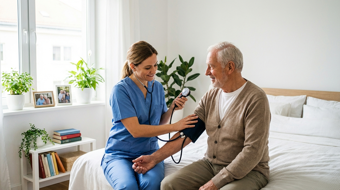 Eine medizinische Fachkraft misst sanft den Blutdruck eines älteren Patienten im häuslichen Umfeld. Fokus auf Fürsorge und Professionalität, helles und aufgeräumtes Schlafzimmer im Hintergrund.
