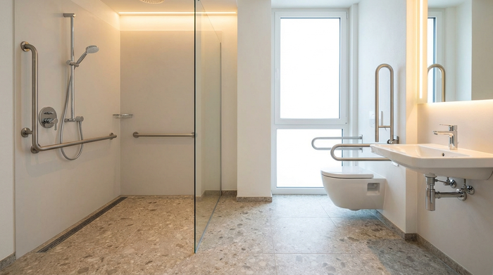 Ein modern umgebautes, barrierefreies Badezimmer mit einer ebenerdigen Dusche, rutschfesten Fliesen und stabilen Haltegriffen. Helles Licht, sichere und saubere Umgebung, ohne Personen.