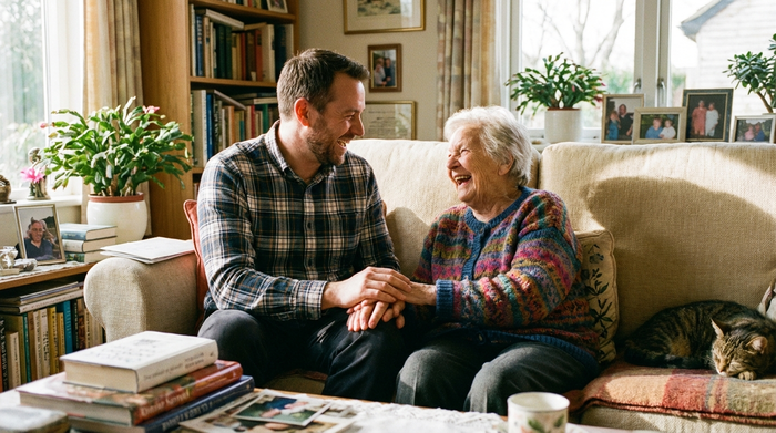 Ein engagierter Pfleger und eine Seniorin sitzen gemeinsam auf einem gemütlichen Sofa und lachen herzlich. Vertraute und fröhliche Interaktion im eigenen, liebevoll eingerichteten Zuhause.