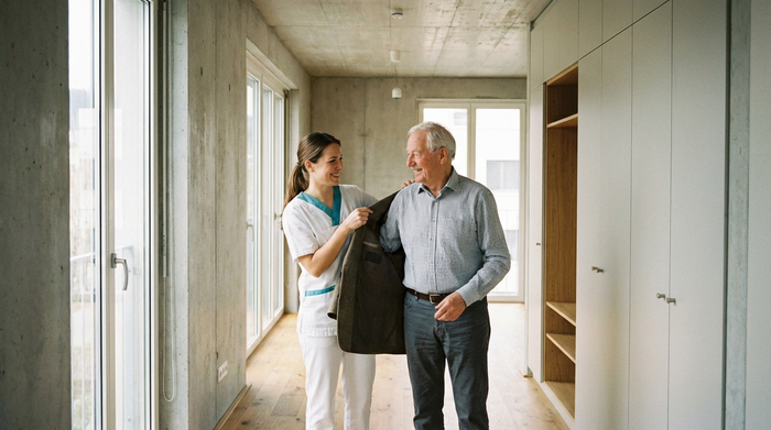 Eine Pflegekraft hilft einem älteren Herrn beim Anziehen einer Jacke im Flur einer modernen Wohnung. Beide lächeln. Helle Beleuchtung, saubere Umgebung, realistische Szene ohne Text.
