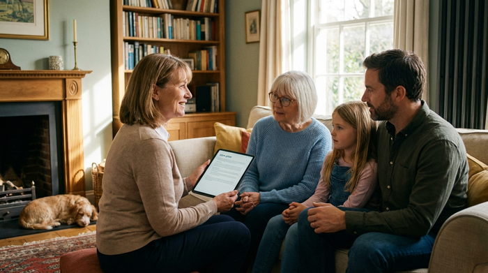 Eine kompetente Pflegeberaterin und eine Familie sitzen auf einem gemütlichen Sofa im Wohnzimmer. Die Beraterin hält ein Tablet in der Hand und erklärt etwas. Aufmerksame Gesichter, vertrauensvolle Stimmung.