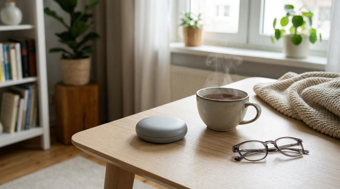 Ein moderner, unauffälliger Hausnotruf-Knopf liegt auf einem hellen Holztisch neben einer Tasse Tee und einer Brille. Gemütliche, aufgeräumte Wohnatmosphäre, weiches Licht, keine Schriftzeichen.