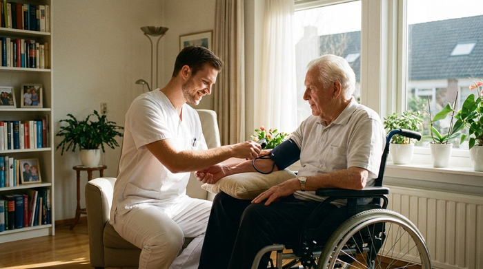 Ein professioneller Pfleger in moderner weißer Dienstkleidung misst sanft den Blutdruck eines älteren Herrn im Rollstuhl in einem aufgeräumten, sonnigen Wohnzimmer. Realistische Szene, fürsorgliche Gestik, warme Ausleuchtung.