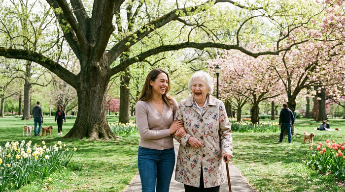 Eine liebevolle Betreuungskraft und eine ältere Frau spazieren gemeinsam lachend durch einen grünen Park mit großen Bäumen. Die Betreuungskraft stützt die Seniorin behutsam am Arm. Frühlingswetter, lebendige und fröhliche Stimmung.