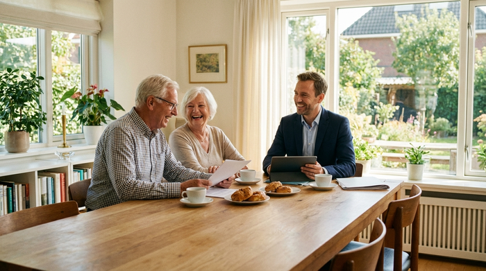 Ein älteres Ehepaar sitzt gemeinsam mit einem sympathischen Berater an einem Holztisch und betrachtet entspannt verschiedene Unterlagen. Auf dem Tisch stehen Kaffeetassen. Helle, freundliche Umgebung, seriöse und beruhigende Atmosphäre.