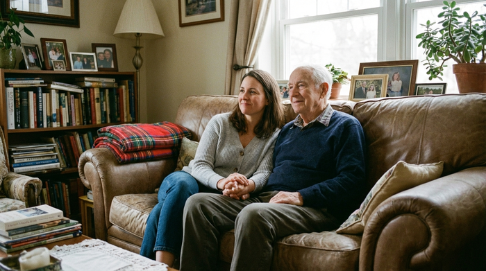 Eine Familie, bestehend aus einer erwachsenen Tochter und ihrem älteren Vater, sitzt nachdenklich aber optimistisch auf einem gemütlichen Sofa. Die Tochter hält sanft die Hand ihres Vaters. Vertraute, familiäre und unterstützende Szene ohne Text.
