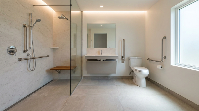 Ein modernisiertes, barrierefreies Badezimmer mit einer geräumigen, ebenerdigen Dusche, Haltegriffen an der hellen Wand und rutschfesten Fliesen. Ein sicherer und sauberer Raum, gut beleuchtet, minimalistisches Design, realistische Architekturfotografie.
