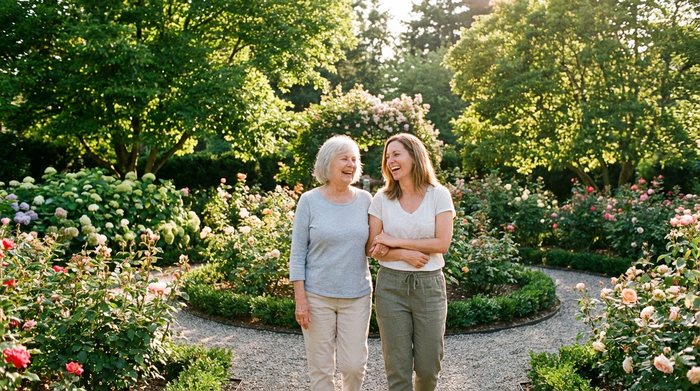 Eine entspannte ältere Frau spaziert mit ihrer Tochter durch einen gepflegten Garten. Beide lächeln und wirken unbeschwert. Sonniges Wetter, grüne Bäume, realistische Fotografie, ohne Text.