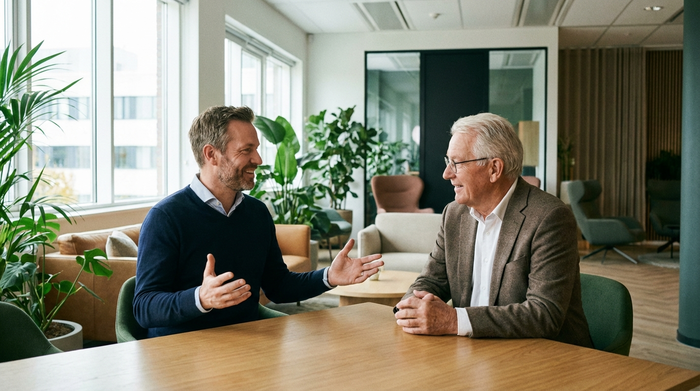 Ein freundlicher Berater in einem modernen Büro spricht mit einem Senioren. Der Berater gestikuliert offen und unterstützend. Helles Büro, vertrauensvolle Atmosphäre, ohne Text.