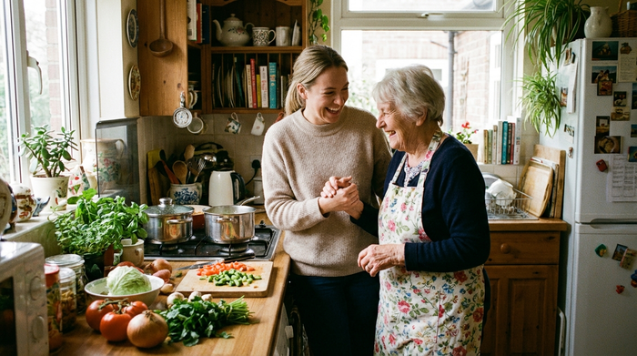 Eine engagierte Betreuungskraft hilft einer älteren Dame beim Kochen in ihrer eigenen, gemütlichen Küche. Frisches Gemüse auf dem Tisch, fröhliche Stimmung, realistische Szene, ohne Text.