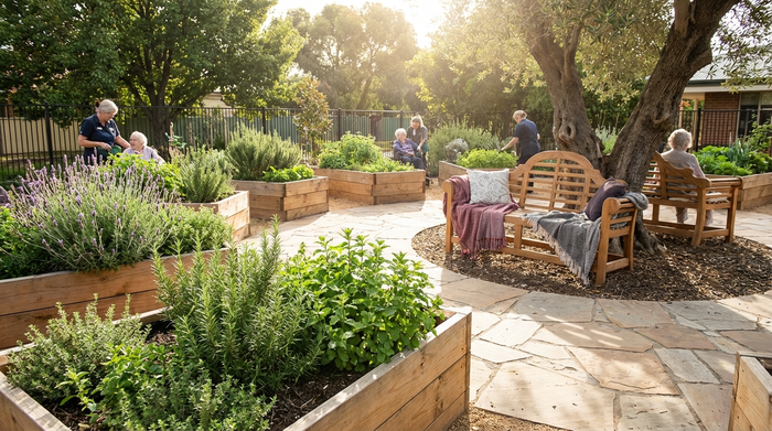Ein sicherer, liebevoll gestalteter Demenzgarten an einem sonnigen Nachmittag. Hochbeete aus Holz mit duftenden Kräutern, breite, gepflasterte Rundwege und eine gemütliche Holzbank laden zum Verweilen ein. Realistische, friedliche Szene ohne Text.