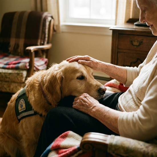 Ein freundlicher Therapiehund, ein Golden Retriever, legt seinen Kopf sanft auf den Schoß einer älteren Person. Die Hände der Person streicheln liebevoll das weiche Fell. Fokus auf die berührende Interaktion, warmes Licht, realistisch.