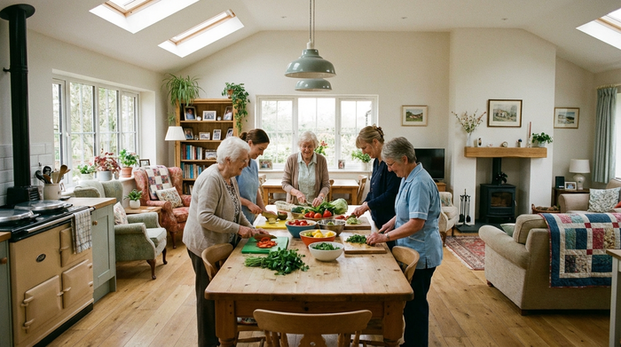 Eine helle, familiäre Wohnküche in einer Demenz-WG. Ein großer Holztisch in der Mitte, an dem frisches Gemüse vorbereitet wird. Gemütliche Einrichtung mit modernen und nostalgischen Elementen, lichtdurchflutet und einladend, ohne Text.