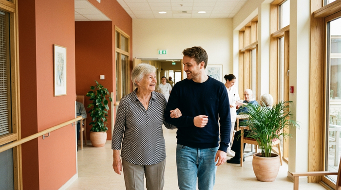Zwei Personen gehen gemeinsam durch einen hellen Flur eines modernen Pflegeheims, der mit warmen Farben gestrichen ist. Sie schauen sich entspannt um und unterhalten sich. Realistische, positive Szene, ohne Text.