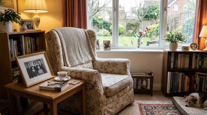 Ein liebevoll eingerichtetes Zimmer im Pflegeheim. Ein bequemer Ohrensessel steht neben einem Fenster, auf dem kleinen Tisch daneben ein gerahmtes Familienfoto und eine Teetasse. Vertraute und wohnliche Atmosphäre, realistisch, ohne Text.