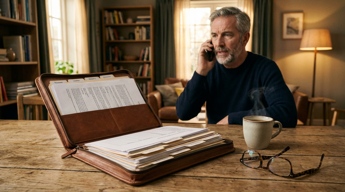 Eine ordentlich sortierte Dokumentenmappe liegt auf einem Holztisch. Daneben eine Tasse Kaffee und eine Lesebrille. Im Hintergrund telefoniert ein Mann mittleren Alters konzentriert mit dem Smartphone. Warme Beleuchtung, realistisch, textfrei.