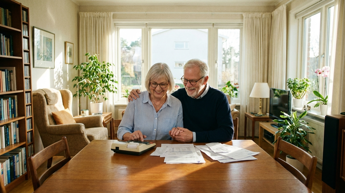Ein älteres Ehepaar sitzt gemeinsam an einem Esstisch im Wohnzimmer und schaut entspannt auf einen Taschenrechner und einige Papiere. Friedliche Stimmung, helles Wohnzimmer, realistischer Fotostil, ohne Text.