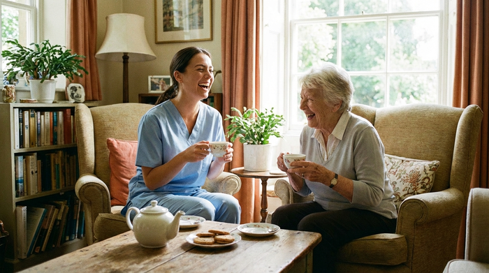 Eine freundliche, junge Pflegekraft in hellblauer Berufskleidung lacht gemeinsam mit einer älteren Dame beim Teetrinken in einem gemütlichen, gut beleuchteten Wohnzimmer. Realistische, herzerwärmende Szene, keine Schrift.