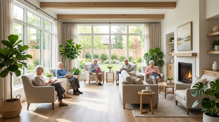 Ein heller, freundlicher Gemeinschaftsraum in einer modernen Seniorenresidenz. Gepflegte Pflanzen, große Fenster. Ältere Menschen sitzen entspannt in bequemen Sesseln. Hohe Fotoqualität, saubere Umgebung, textfrei.