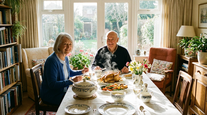 Zwei Senioren sitzen an einem liebevoll gedeckten Esstisch und genießen ein frisch zubereitetes, dampfendes Mittagessen in einer hellen, freundlichen Umgebung.